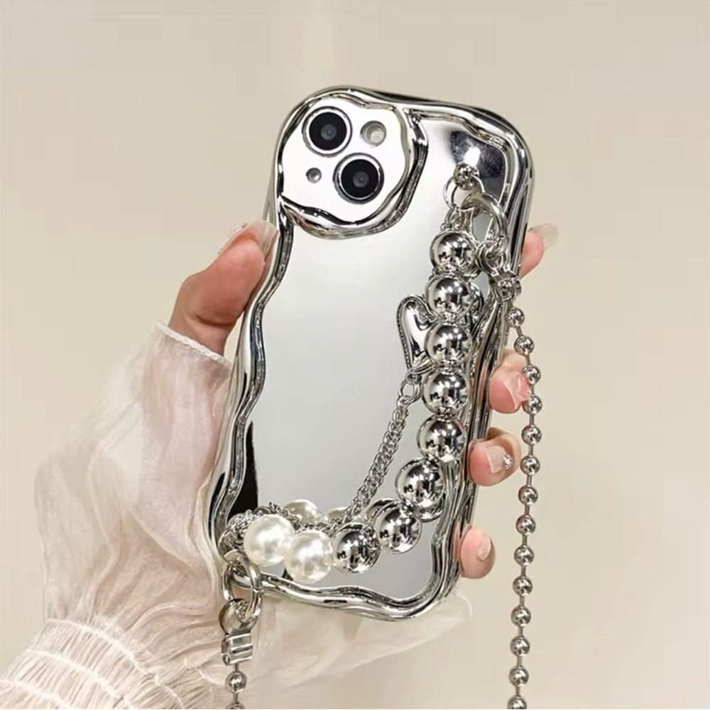 Silver Mirror iPhone 16 Case with Chain and Beads